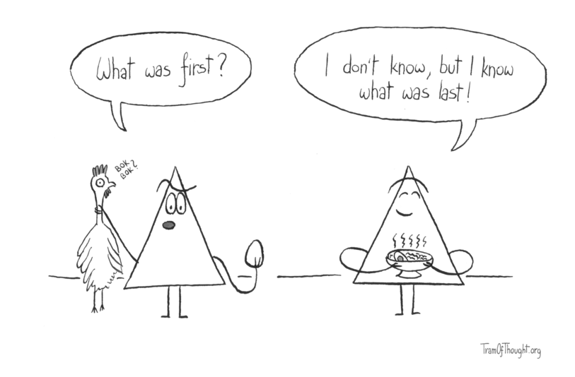 
[An image of a Triangle-person holding up a chicken and an egg]

Triangle: What was first?

[An image of a Triangle-person holding up a bowl of ramen with egg]

Triangle: I don't know, but I know what was last!
