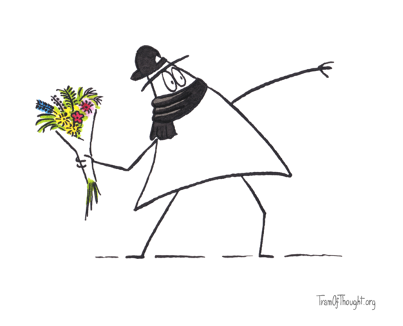 
Image depicts a Triangle person wearing a black baseball hat backwards, and having their mouth covered with a black scarf. They are throwing a bouquet of flowers.

