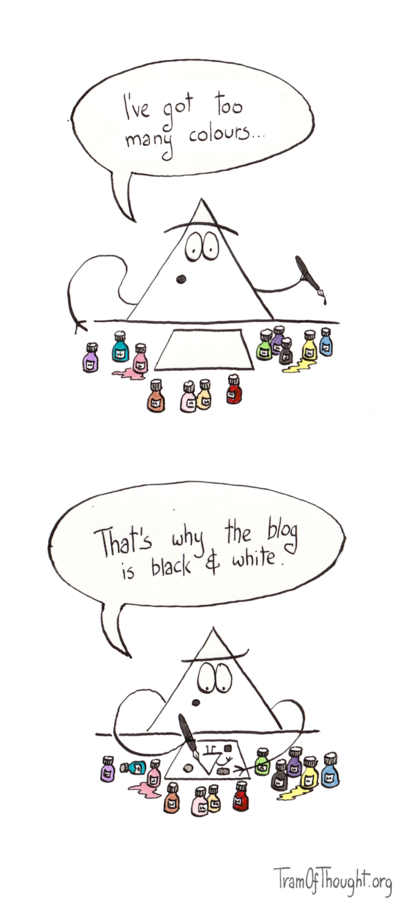 
Triangle-person is sitting at a table with an empty piece of paper, pen in hand. They are surrounded with many colourful bottles. They say: 'I've got too many colours...'

On the second image the same person is drawing a picture about Triangles, still surrounded by the same bottles. The picture is black and white. They say: 'That's why the blog is black & white'
