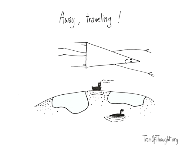 
An image of a Triangle-person flying in the sky, above Earth, where continents, a ship and a submarine are visible.
