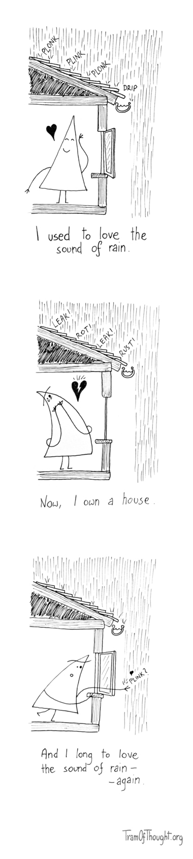 
A cross section of a house is shown, with a Triangle-person standing inside. The window is ajar and rain is falling on the roof of the house making sounds: "Plonk", "Plink" and "Drip". There is a tiny drip of water in the attic. The Triangle is smiling happily, and there is a symbol of a heart next to them. Subtitle says: "I used to love the sound of rain".

The same cross section is shown, except the window is closed and the Triangle is anxious, holding their hands to their mouth in fear. The sounds the rain makes have changed to "Leak!", "Rot!" and "Rust!". The heart next to them is cracked. Otherwise, the rain and the tiny drip of water in the attic haven't changed. Subtitle: "Now I own a house."

Finally, the same cross section is shown, with the same rain, and the same tiny drip. The Triangle reaches out through the open window, their mouth open, letting rain drop onto their hand. The rain drips onto their hand, making tiny sound "Plink!". There is a small heart next to the hand. Subtitle: "And I long to love the sound of rain - again."
