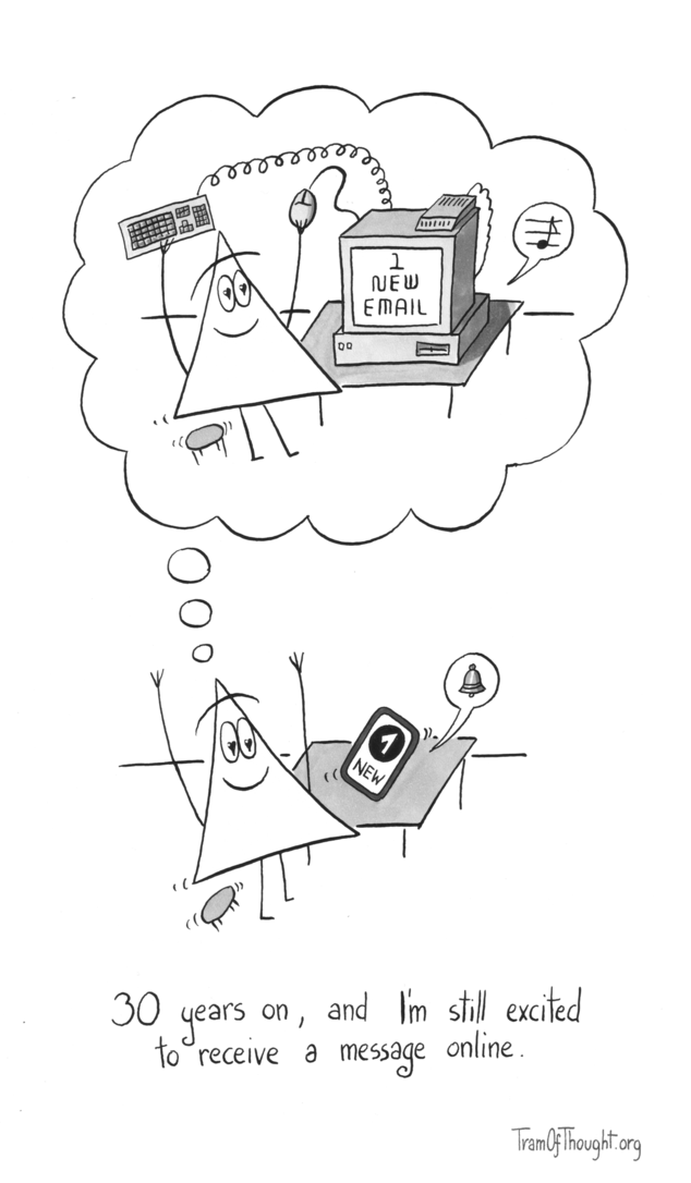 
A Triangle-person is jumping off a stool, excited, while their tablet device is ringing and showing "1 new". Above them there is a thought bubble, which shows a similar situation, except instead of a tablet there is an old-style PC. The PC is a big clunker, with CRT monitor and a modem hooked up. The screen shows "1 new email".

Subtitle: "30 years on, and I'm still excited to receive a message online."
